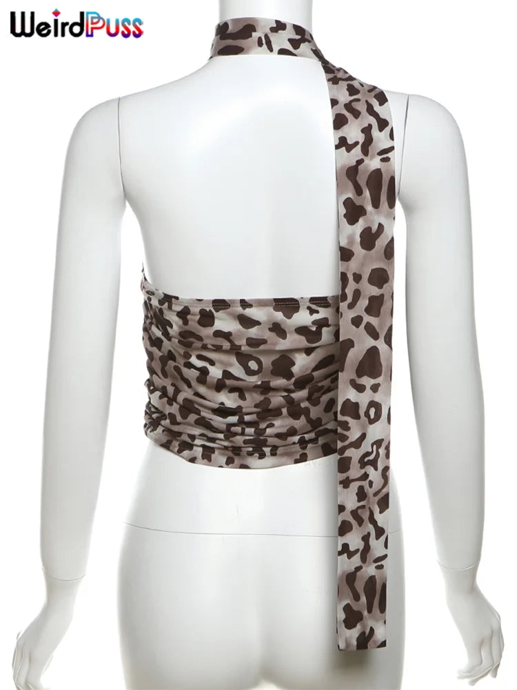 Weird Puss Leopard Print Crop Tops Woman Summer Strapless Ruffles Scarf Collar Trend Sexy Party Wild Chic Clubwear Skinny Vest