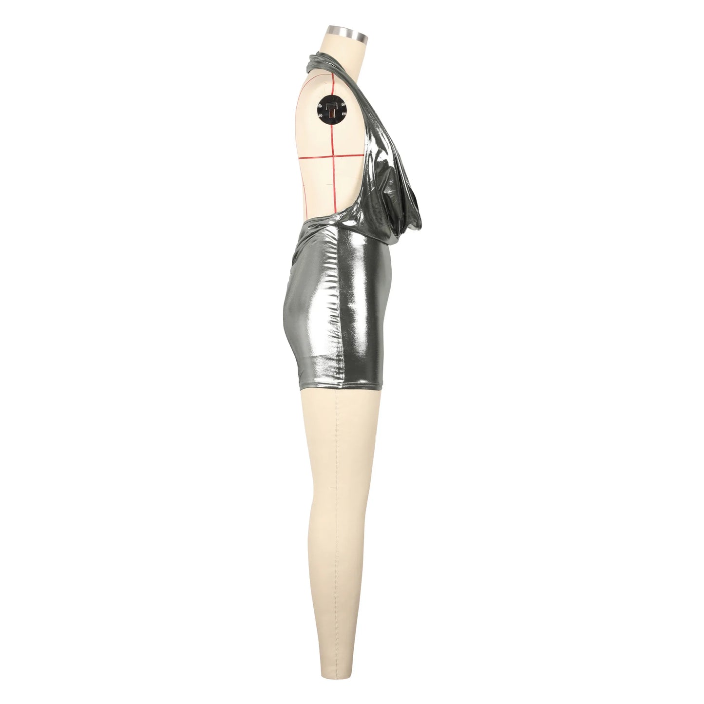 FAGADOER Halter Sexy One Piece Rompers Women Shiny Metallic Deep V-neck Backless Sleeveless Bodycon Overalls Hot Girl Clubwear