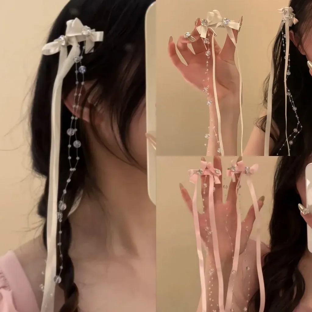 Ribbon Glass Beaded Bow Tassel Hair Clip Women Korean Y2K Fashion Solid Color Hairpin Girls Party Headwear Side Clips