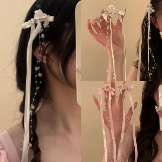Ribbon Glass Beaded Bow Tassel Hair Clip Women Korean Y2K Fashion Solid Color Hairpin Girls Party Headwear Side Clips