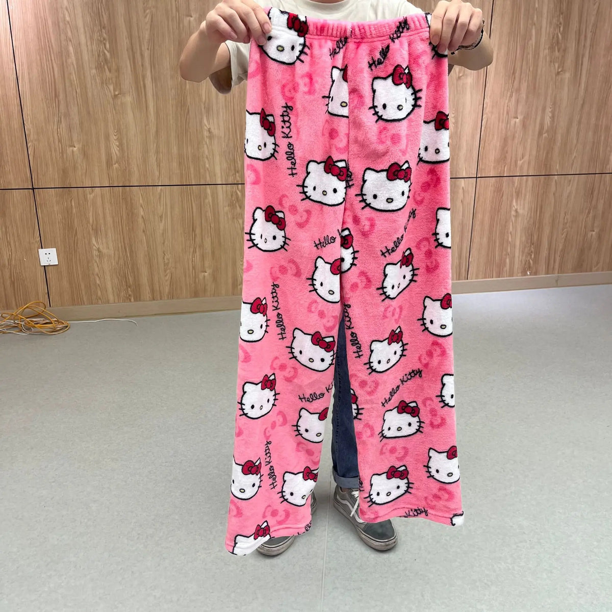 Sanrio Hello Kitty Soft Flannel Wide Leg Pajama Pants Printed Casual Home Loungewear For Women Daily Sleeping Relaxing Wear