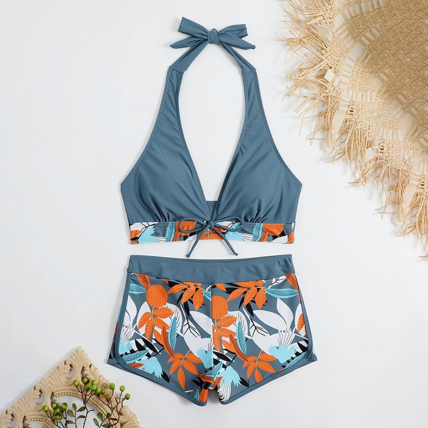 Shorts Bikinis Set  High Waist Swimsuit Women Swimwear  Plant Print Bathers Bathing Swim Suit Beachwear
