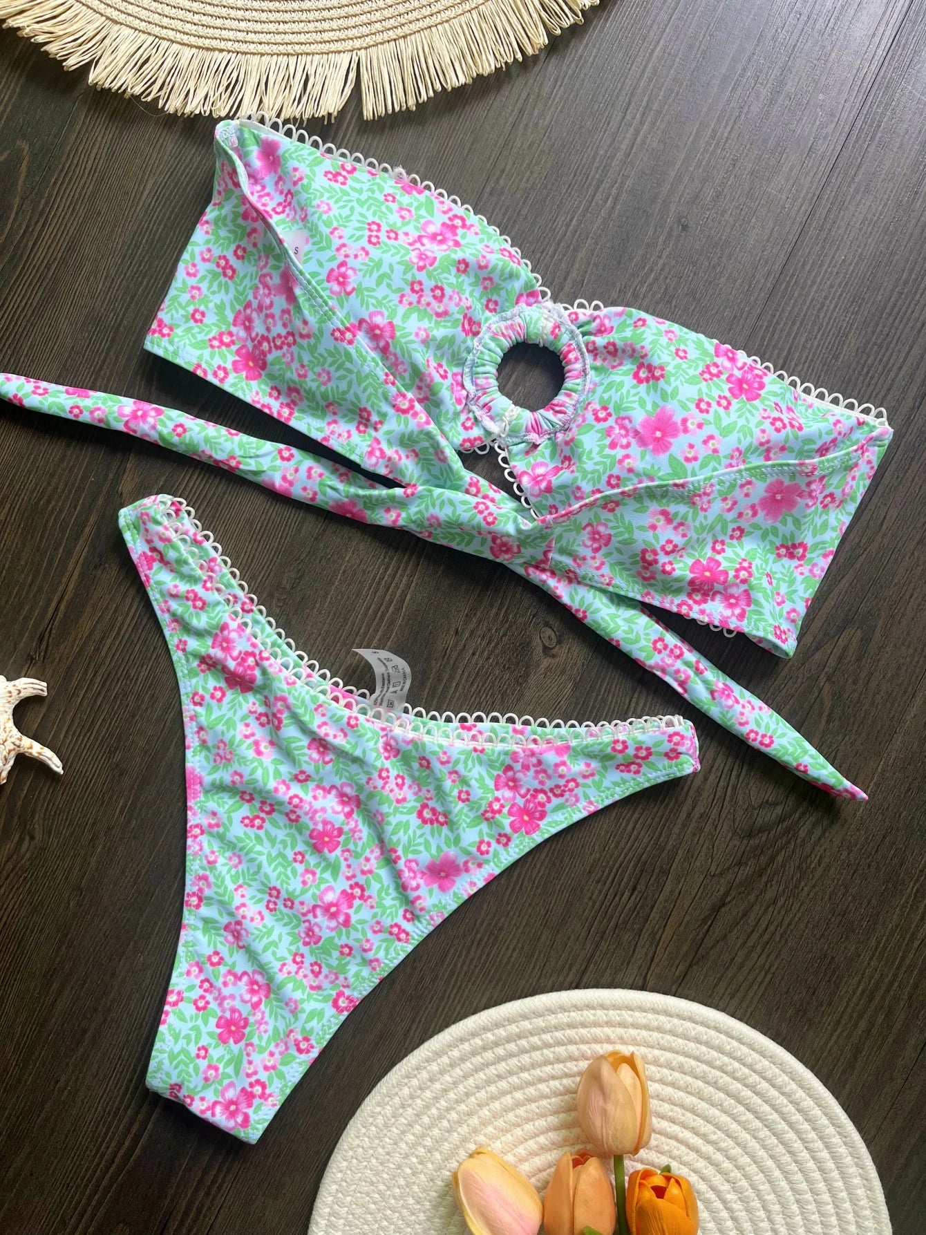 Floral Flowers Bandeau High Leg Cut Bikini Women Swimwear Female Swimsuit Two-pieces Bikini set Bather Bathing Suit Swim