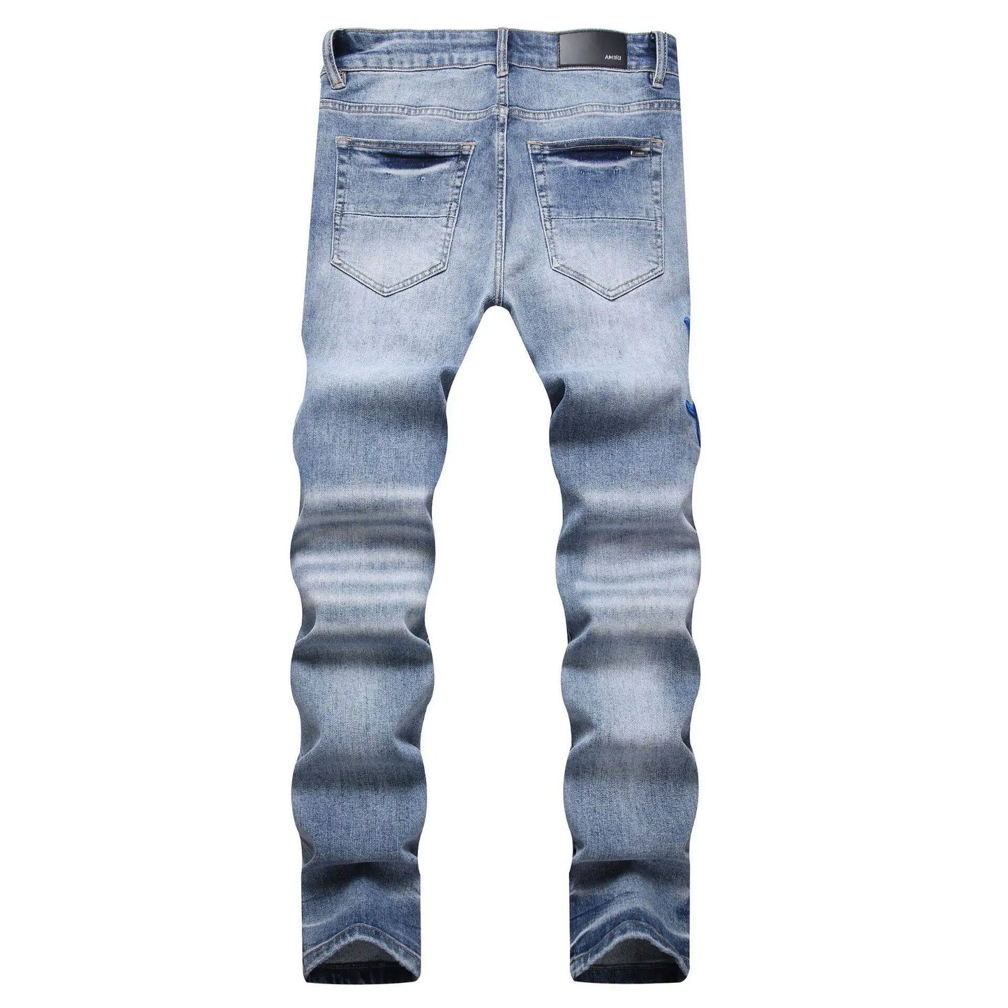 Current AM Brand Embroidered Distressed Patch High Street Youth Men's Slim Fit Skinny Pants