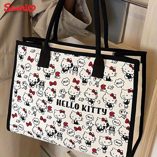 MINISO Sanrio Hello Kitty Canvas Handbag Large Capacity Zipper Shoulder Bag Lightweight Cute Fashion Weaving Tote Bag
