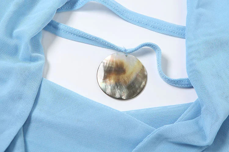 Weird Puss See Through Women 2 Piece Set Y2K Halter Swing Collar Seashell Tank Tops+Ruched Waist Maxi Skirts Midnight Clubwear