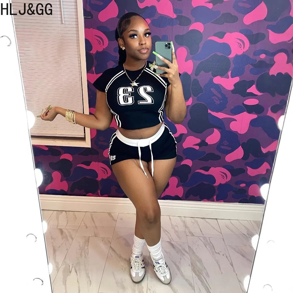 HLJ&GG Summer New Letter Print Drawstring Shorts Two Piece Sets Women Round Neck Short Sleeve Slim Crop Top And Shorts Outfits