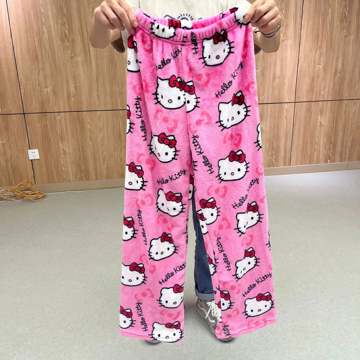 Sanrio Hello Kitty Soft Flannel Wide Leg Pajama Pants Printed Casual Home Loungewear For Women Daily Sleeping Relaxing Wear