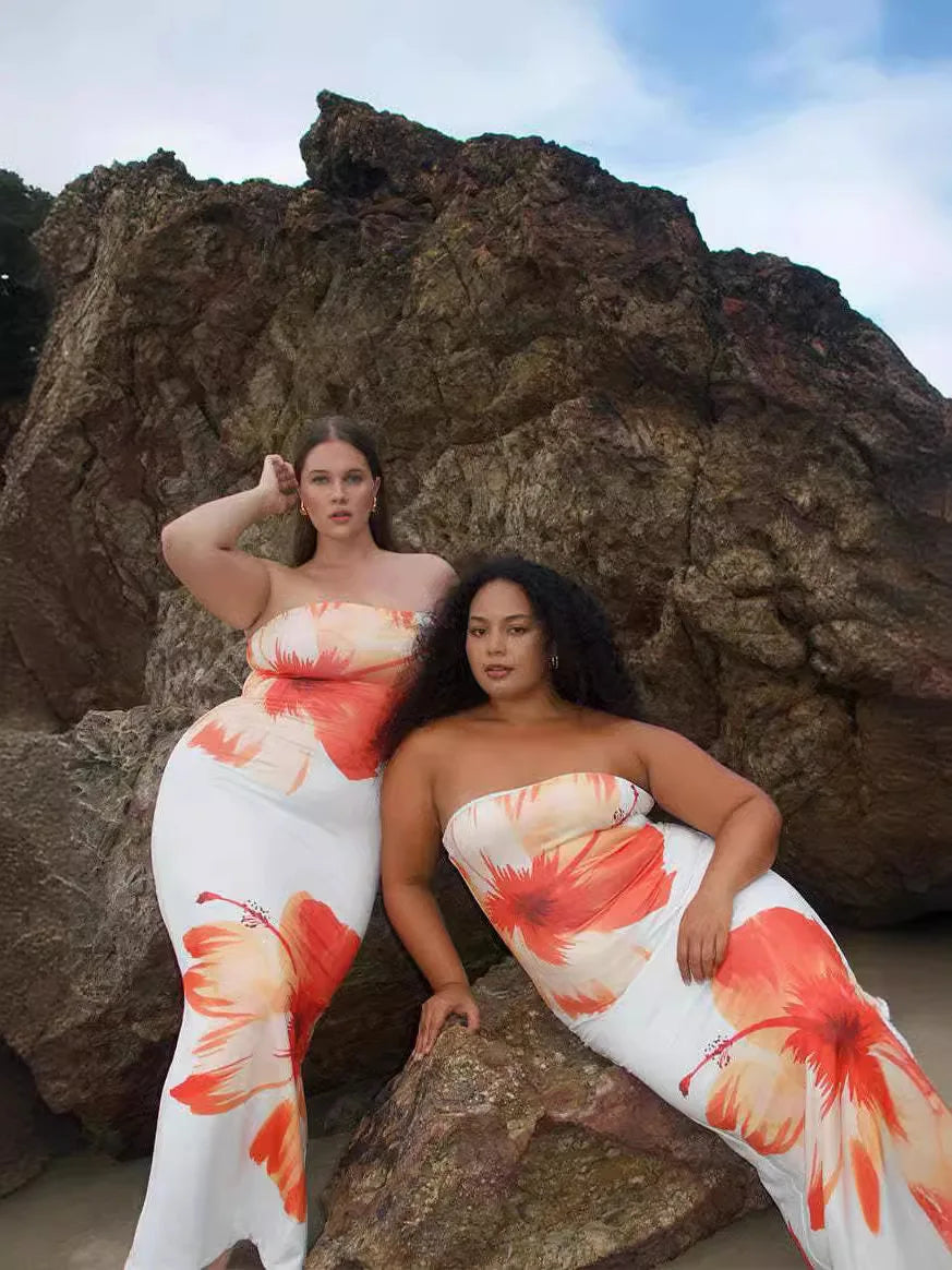 Women's Fashion Sexy Flower Print Strapless Long Dress Summer Vacation Elastic High Waist Slim Fit Party Evening Dress 2025
