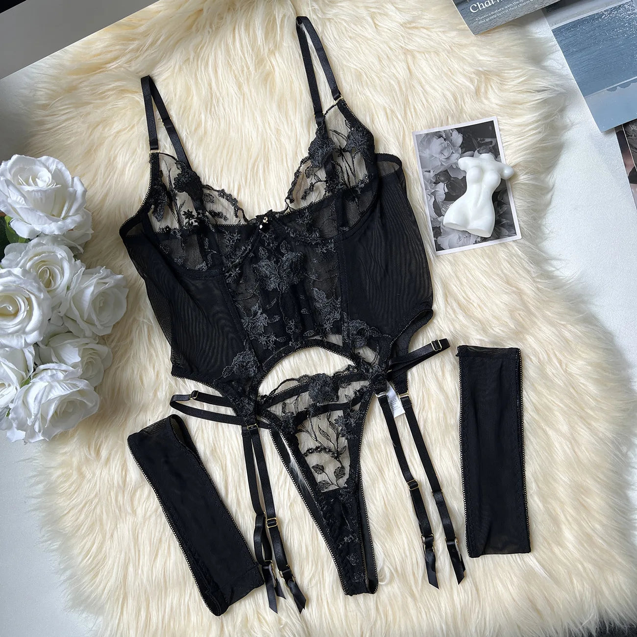 SINGREINY Gauze Sheer Slim Erotic Bra&Brief Sets Fashion Embroidery Club Sleepwear Female Prono Transparent Sexy Underwear Suits