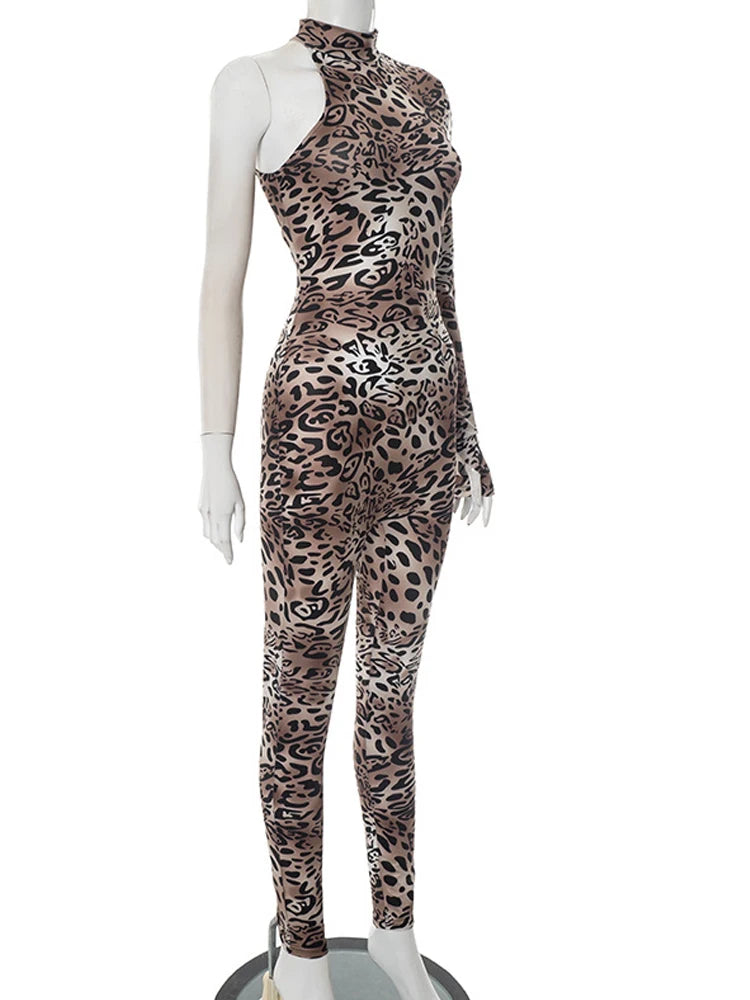 Kricesseen Women's Single Shoulder Mock Neck Leopard Print Skinny Jumpsuits Club Overalls Fitted Animal Print One Piece Outfits