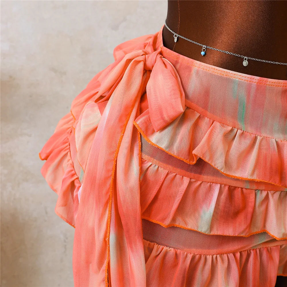 Orange Print Front Knotted Bikinis Sets 3 Pieces Ruffled Skirts Swimwear Sexy Micro Thong Swimsuit Women 2026 Bikini Beachwear