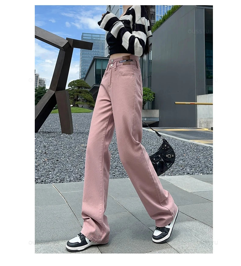 OUSSYU Woman Jeans High Waist Straight Wide Leg Cotton Denim Clothing Blue Streetwear Vintage Fashion Harajuku Women Trousers