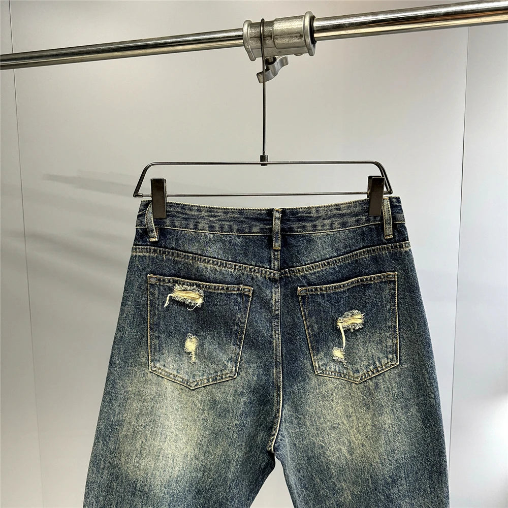 Ripped Baggy Jeans Distressed Denim Streetwear Skateboard Pants Straight Leg Patchwork Oversized Urban Fashion Workwear, men's jeans