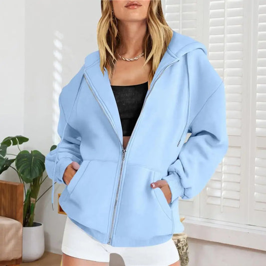 Women Zip Up Hoodies Long Sleeve Oversized Sweatshirt Autumn Fleece Jackets with Pockets Casual Workout Outfits