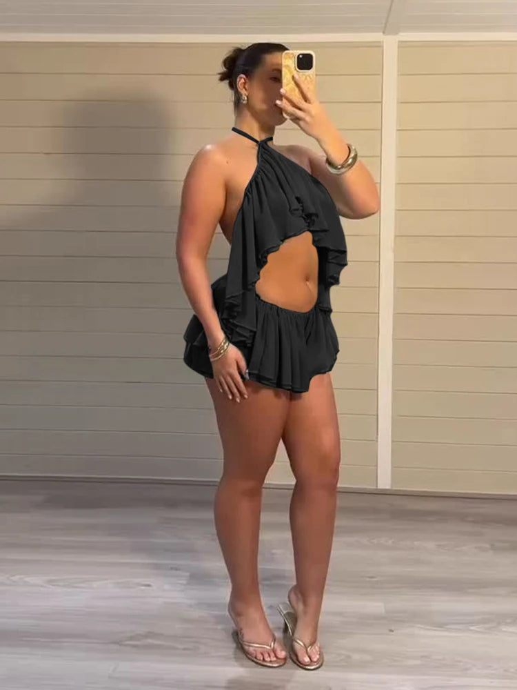 Weird Puss Ruched Elegant 2 Piece Set Woman Tierred Design Halter Backless Irregular Tops+Mini Shorts Beach Party Style Suits
