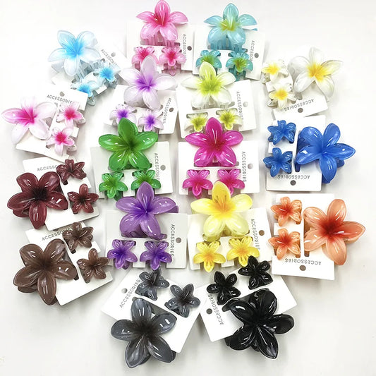 3Pcs Sweet Colorful Plumeria Flower Shark Clip Hair Claw Bohemian Ponytail Clip Plastic Hairpin Barrette Summer Hair Accessories