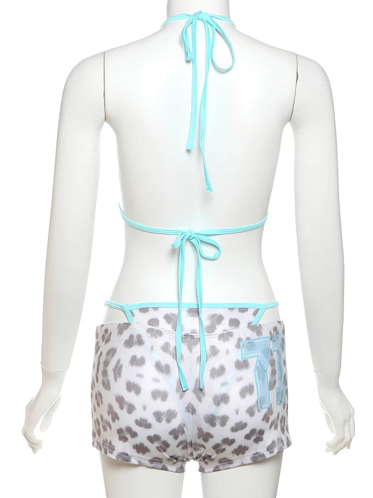 Weird Puss Leopard Print Sexy 3 Piece Set Women Beach Vacation Halter Bra+Panties+Shorts Summer Midnight Matching Party Clubwear