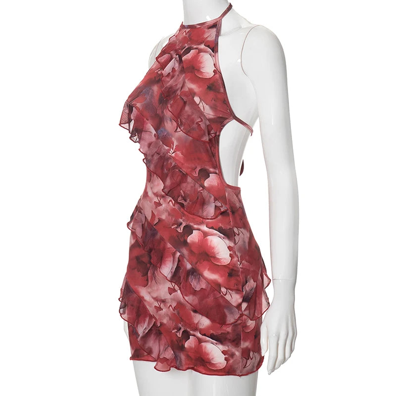 Weird Puss Multilayer Ruffles Dress Women Y2K Backless Halter Tie-Dye Flowers Sleeveless Sexy Stretch Elegant Clubwear Bodycon