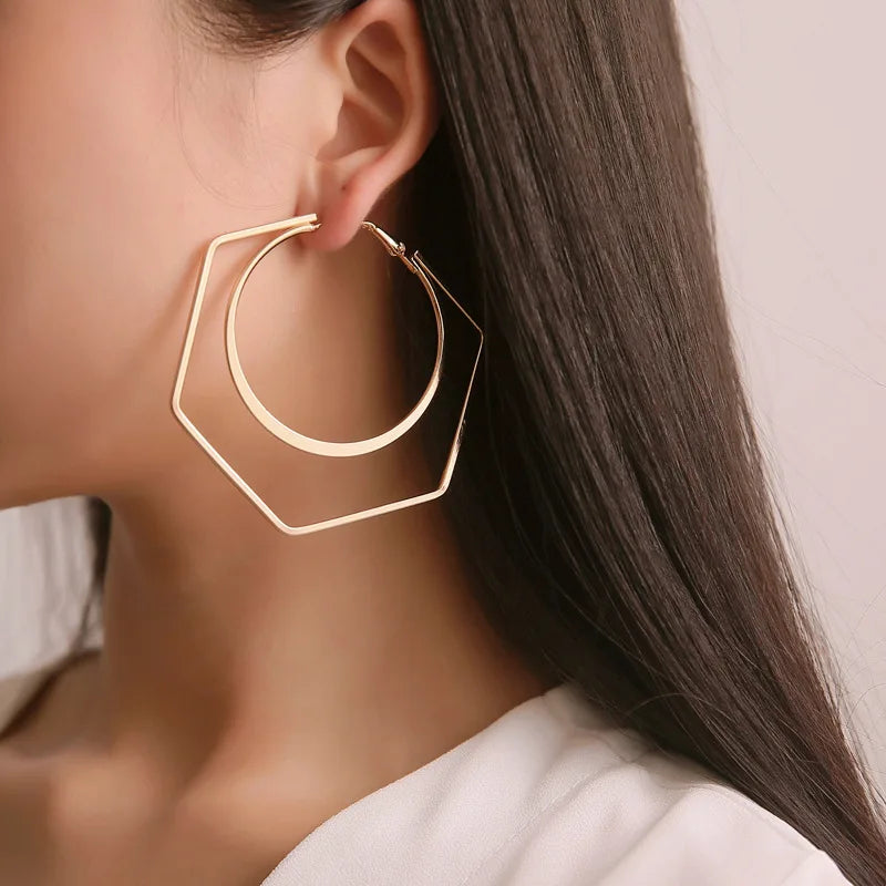 Geometric Large Circle Hoop Earrings For Women Statement Gold Color Ear Ring Fashion Jewelry Accessories Nightclub DJ Boho