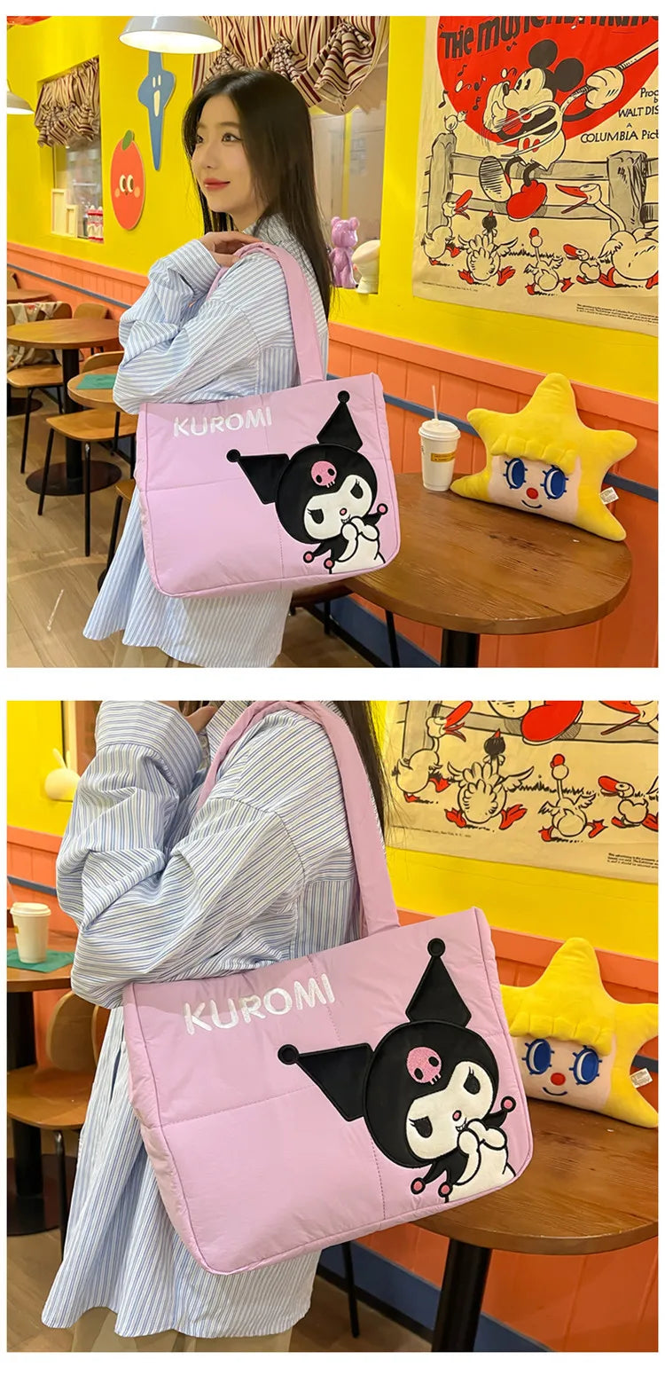 Sanrio Kawaii Hello Kitty Kuromi Tote Bags Cute My Melody Pochacco Cartoon Down Cotton Large Capacity Shoulder Bag Gifts Girls