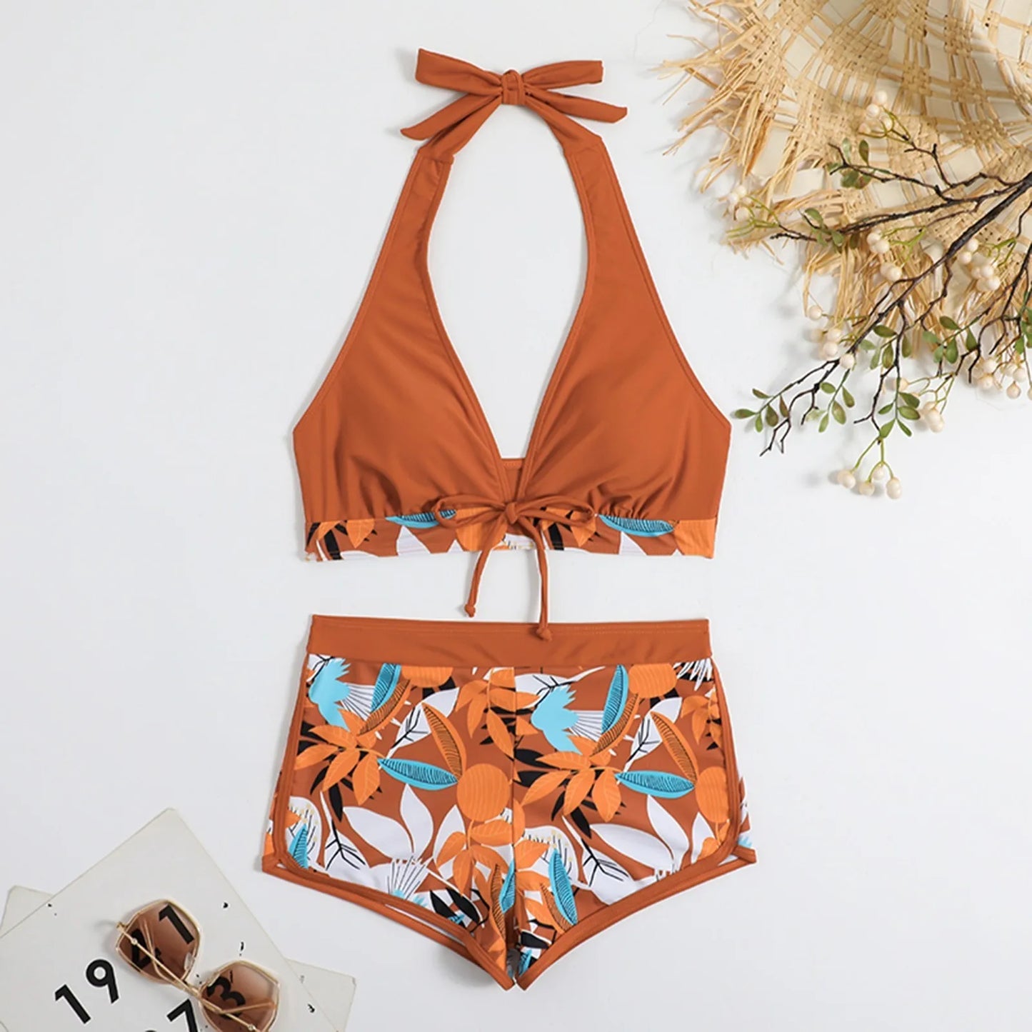 Shorts Bikinis Set  High Waist Swimsuit Women Swimwear  Plant Print Bathers Bathing Swim Suit Beachwear