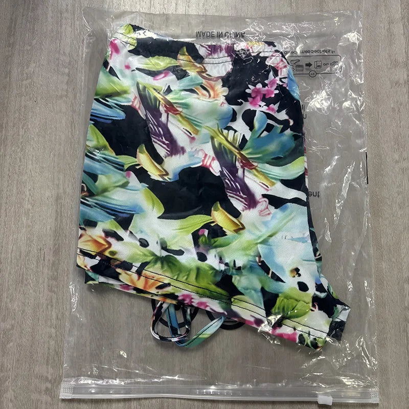 Sexy Nightclub Party Bikini Set with Irregular Round Buckle Printed Backless Short Tight Spring Summer Women's Lingerie Swimwear