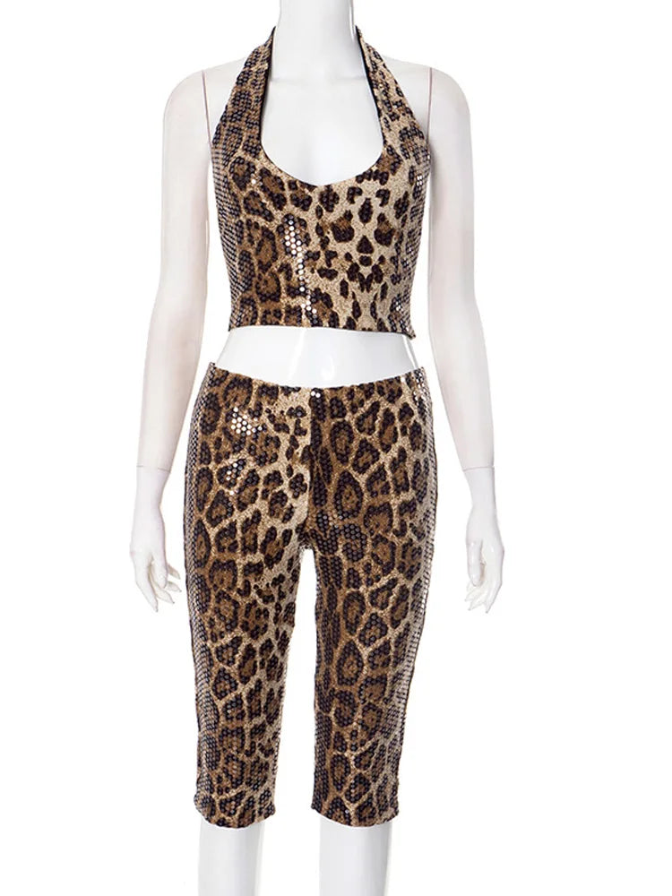 Kricesseen Women's Leopard Sequins Halter Crop Top And Matching Shorts Set 2 Piece Outfits Summer Wild Tracksuits Set Rave Wear
