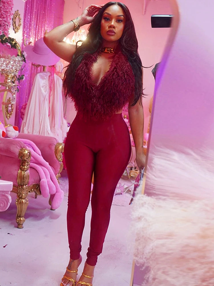 Weird Puss Sexy Fashion 2 Piece Set Women Plush Patchwork Halter Backless Camisole+Solid Skinny Pants Hottie Hipster Clubwear