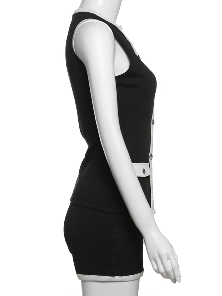 Weird Puss Ribbed Patchwork 2 Piece Set Women Single-Breasted Sleeveless Tops+Stretch Shorts Daily Casual Trend Classic Outfits