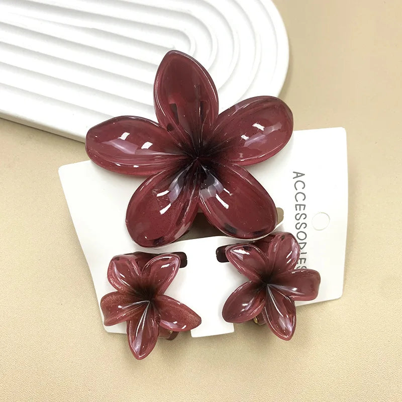 3Pcs Sweet Colorful Plumeria Flower Shark Clip Hair Claw Bohemian Ponytail Clip Plastic Hairpin Barrette Summer Hair Accessories