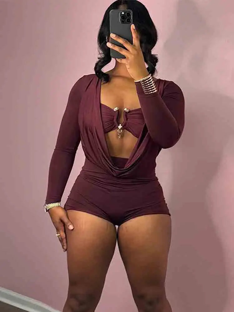 Swing Collar Romper & Metal Buckle Bra Set — Women's Party