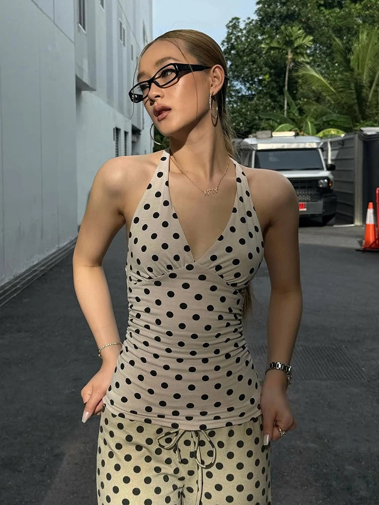 weird Puss Halter v-Neck Vest Women Y2K Lace-Up Backless Polka Dot Print  Skinny Summer Fashion Daily Street Basic Tank Tops