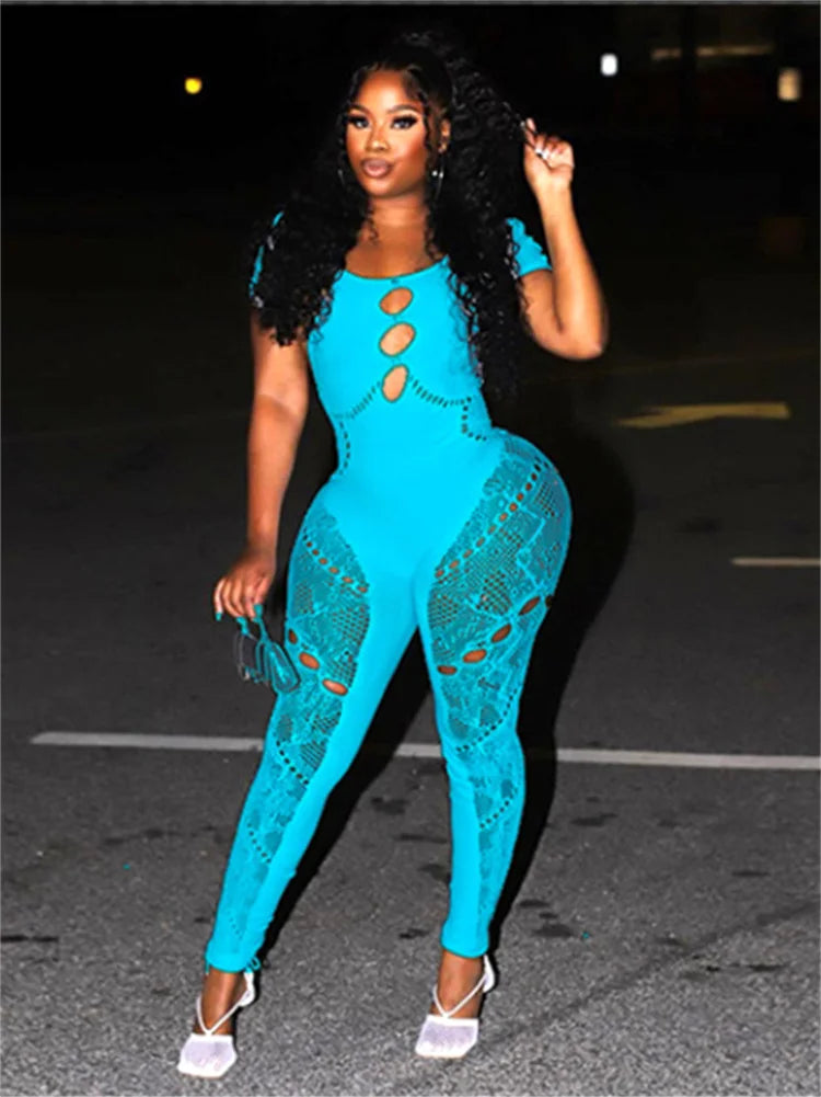 Club Outfits Sexy Jumpsuits for Women Short Sleeve Bodycon Rompers Jumpsuit Skinny Pink Mesh See Though One-piece Overalls 2024