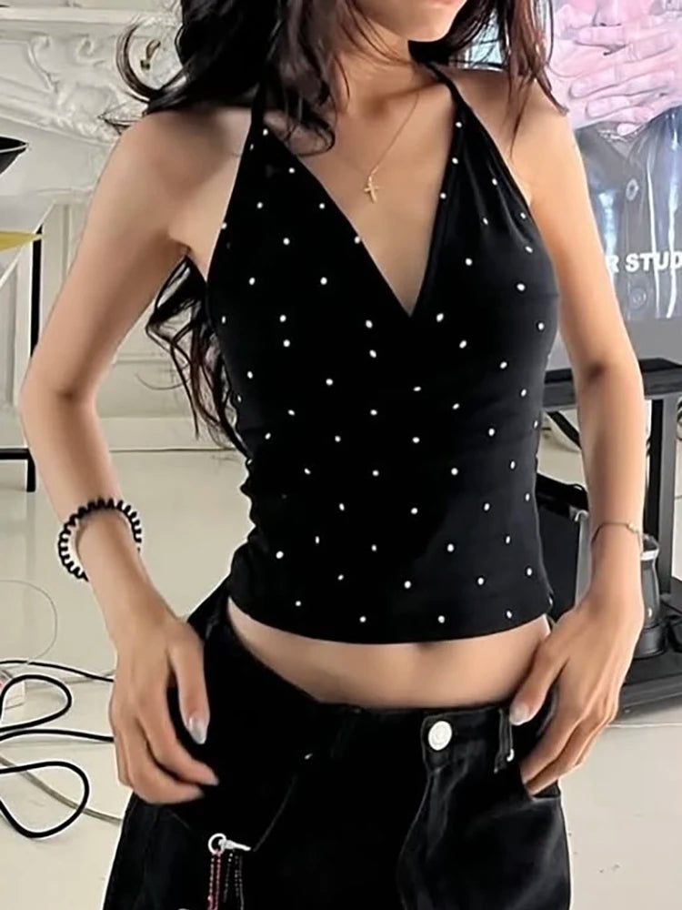 Weird Puss Polka Dot Print Tank Tops Women V-Neck Halter Lace-Up Backless Sleeveless Skinny Sexy Daily Street Summer Basic Vest