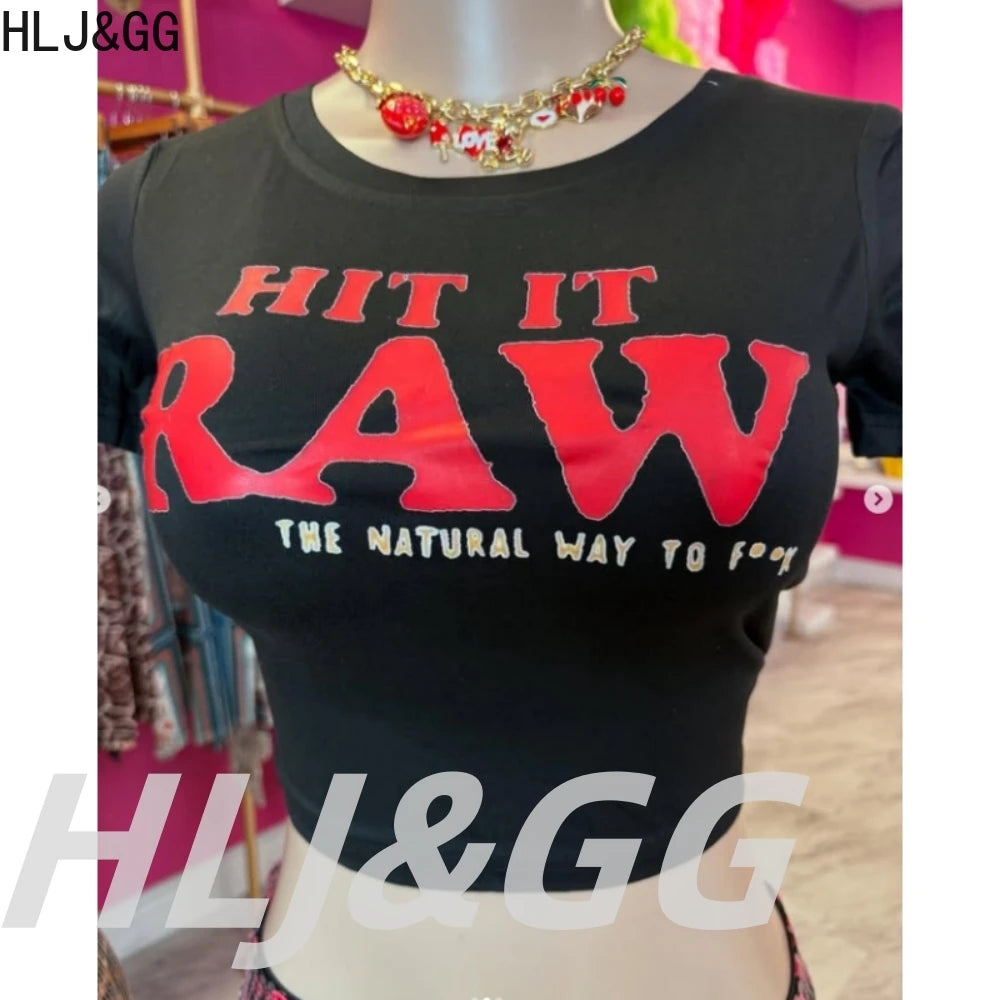 HLJ&GG Y2K Fashion Letter Printing Sequin Shorts Two Piece Sets Women Round Neck Short Sleeve Slim Crop Top And Shorts Outfits