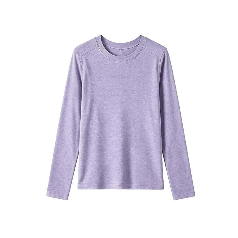 Silk Wool Splice Long Sleeve T-shirt Women Spring Summer Thin Soft Waxy Fit Solid Color Backing Top