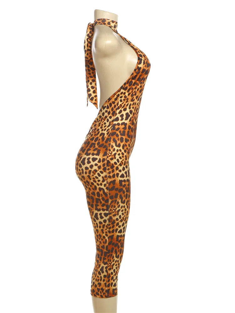 Weird Puss Backless Romper Women Halter Bandage Leopard Print Fit Tight Stretch Summer Sexy Hipster Activity Workout Playsuits