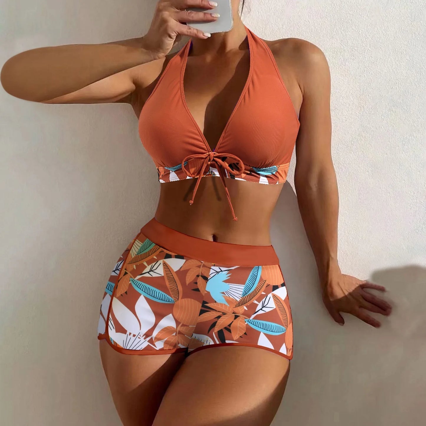 Shorts Bikinis Set  High Waist Swimsuit Women Swimwear  Plant Print Bathers Bathing Swim Suit Beachwear