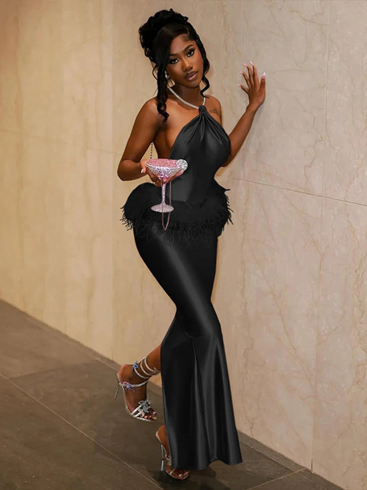 Weird Puss Satin Feather Waist Dress Women Y2K Sexy Sleeveless Backless Tassel Rhinestones Split Banquet Party Clubwear Vestidos