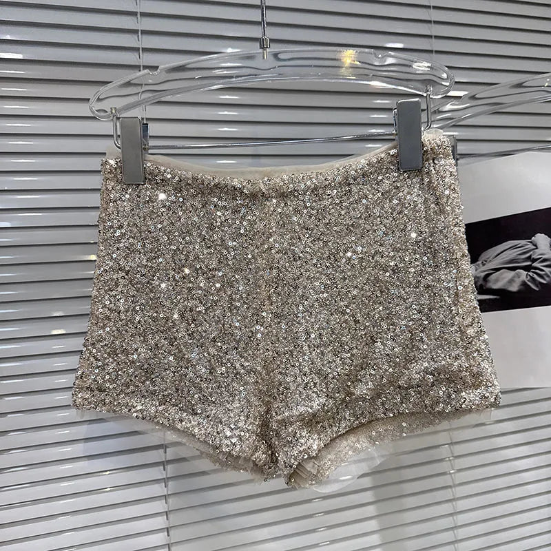 DEAT 2026 Spring New Trendy Fashion Sequin Two-pieces Set For Women Halter Chest Pad Camisole Low Waist Shorts Female 11A08392