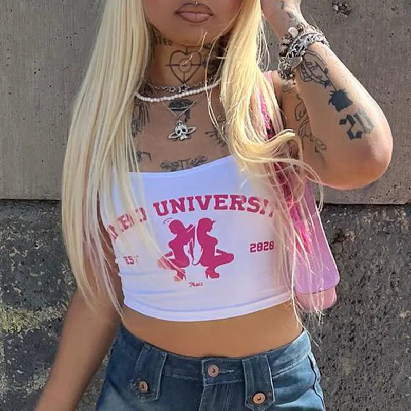 Y2k Harajuku Punk Graphics Sleeveless Sexy Crop Top Women's Clothing 2023 Vintage Letter Print Baby Tee Streetwear Women T-shirt