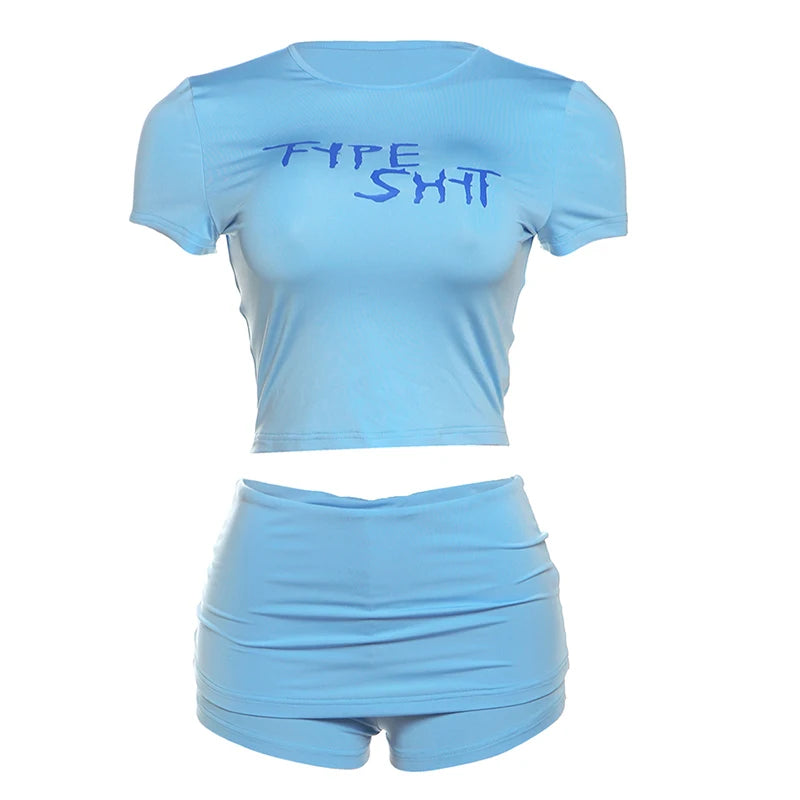 Weird Puss Casual Sporty 2 Piece Set Women Tracksuit Letter Print Short Sleeve Crop Tops+Ruched Shorts Daily Fashion Streetwear
