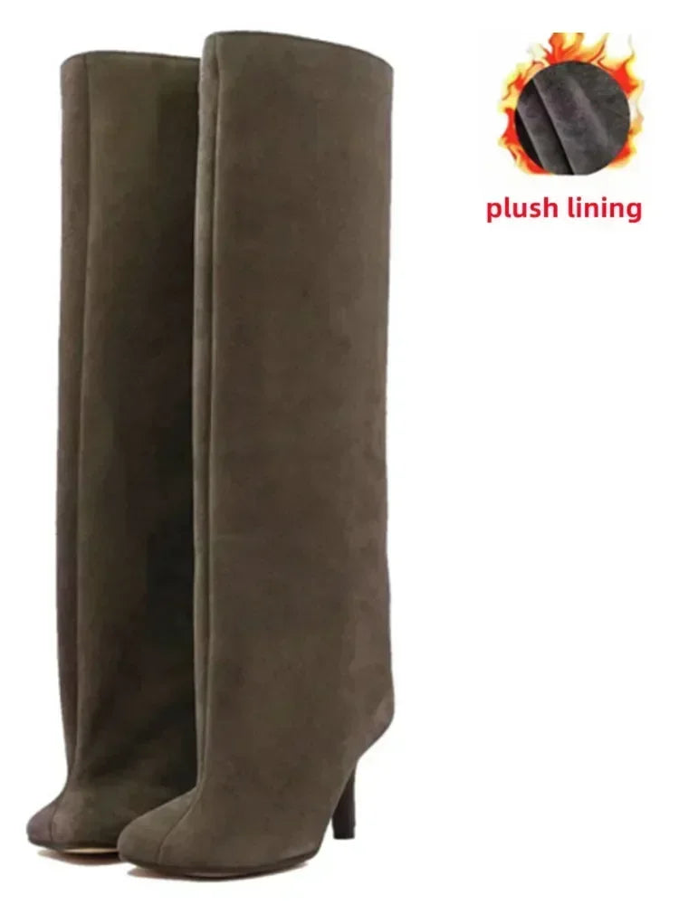 2025Autumn and Winter New 6cm Slim High Heels Knee High Women's Boots Round Toe Fashionable Women's Long Boots Knight Boots