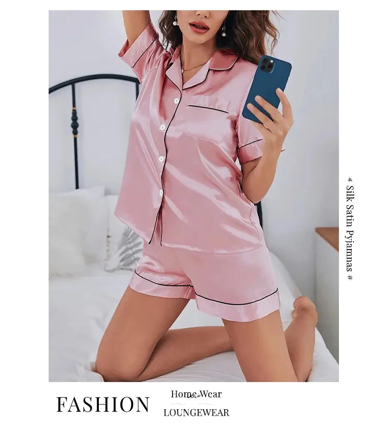 2026 Women Satin Pajamas Set 2-piece Pj Sets Sleepwear Loungewear Button-Down Pajama Women Pajamas Pijama Homewear Shorts Set
