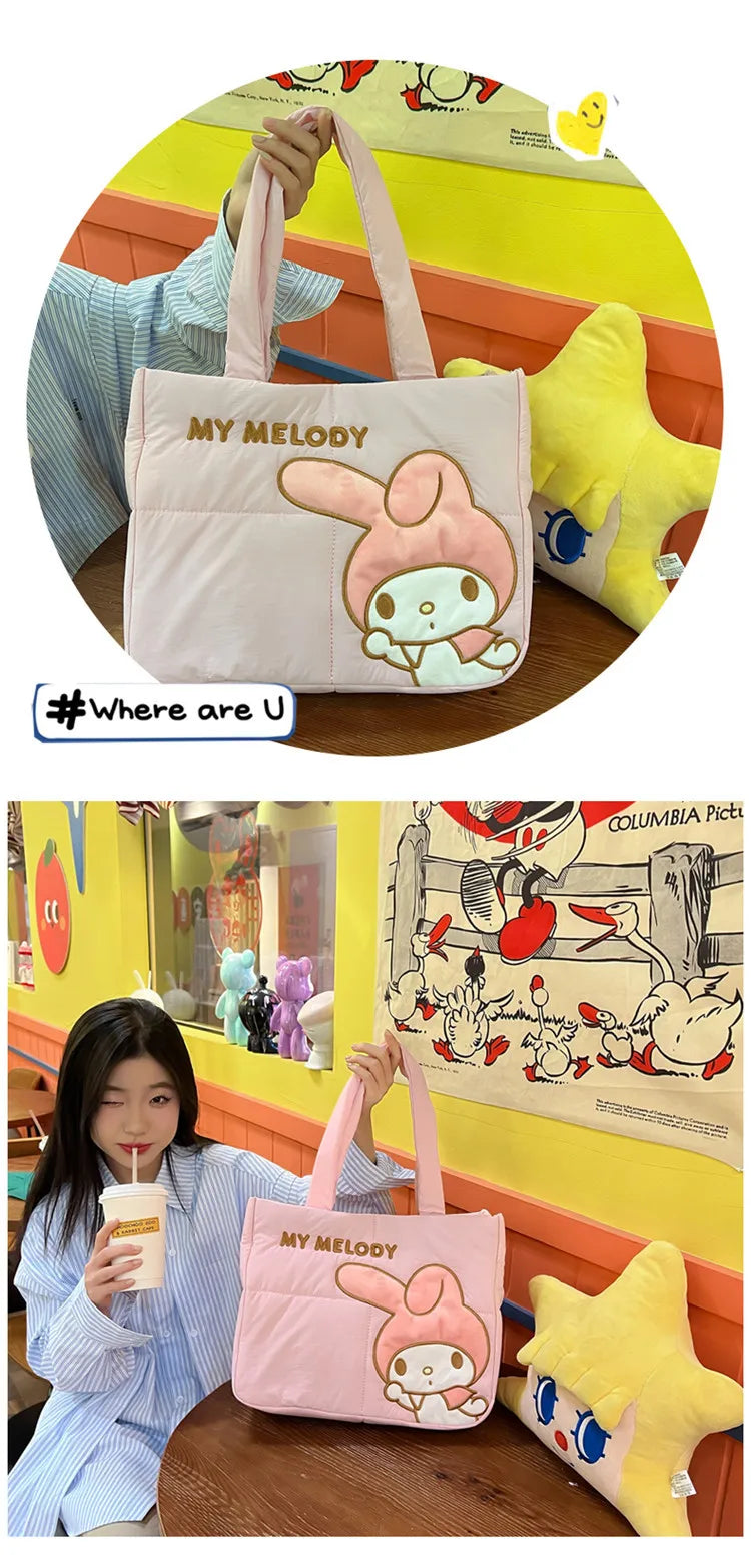 Sanrio Kawaii Hello Kitty Kuromi Tote Bags Cute My Melody Pochacco Cartoon Down Cotton Large Capacity Shoulder Bag Gifts Girls