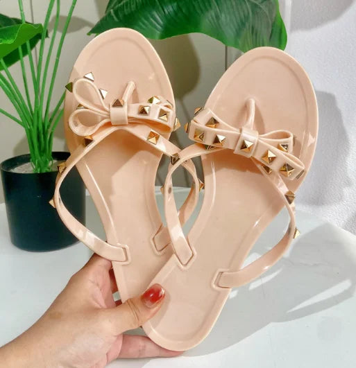 Ladies Leisure Waterproof Shoes Summer Zoris Slippers In Flats Clear Yellow Flip-Flops With Gold Stud Bow-Knot PVC Slides 36-42