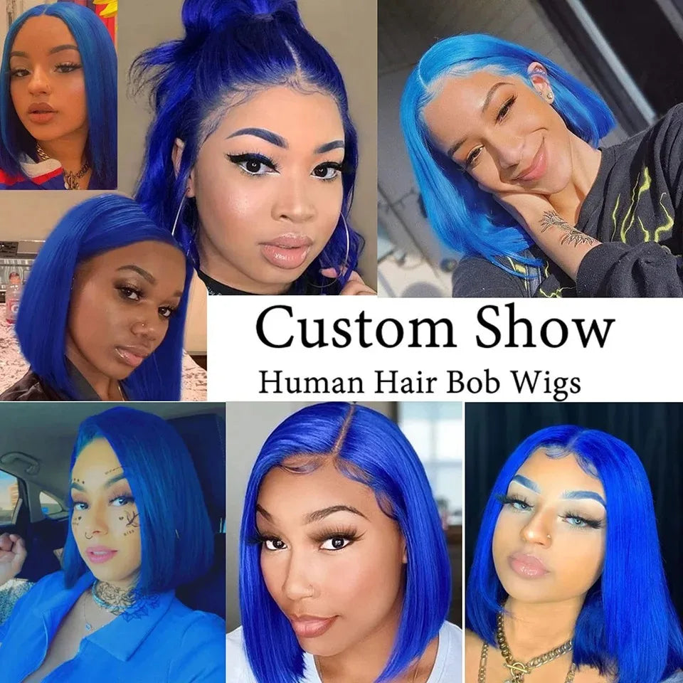 200Density Blue Straight Lace Front Wigs Human Hair Short Bob Wigs 13x4 Transparent Lace Bob Wig Human Hair 100% For Women