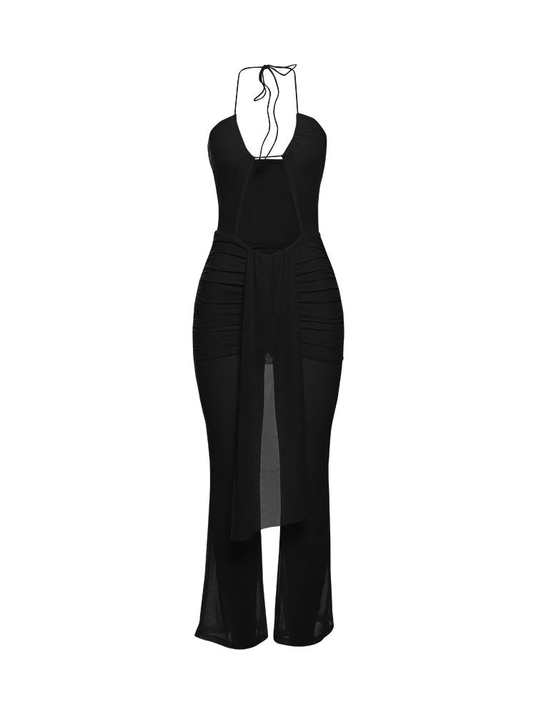 Weird Puss Backless Ruched Jumpsuit Women See Through Sexy Halter Ribbon Hollow Hipster Skinny Summer Clubwear Midnight Overalls
