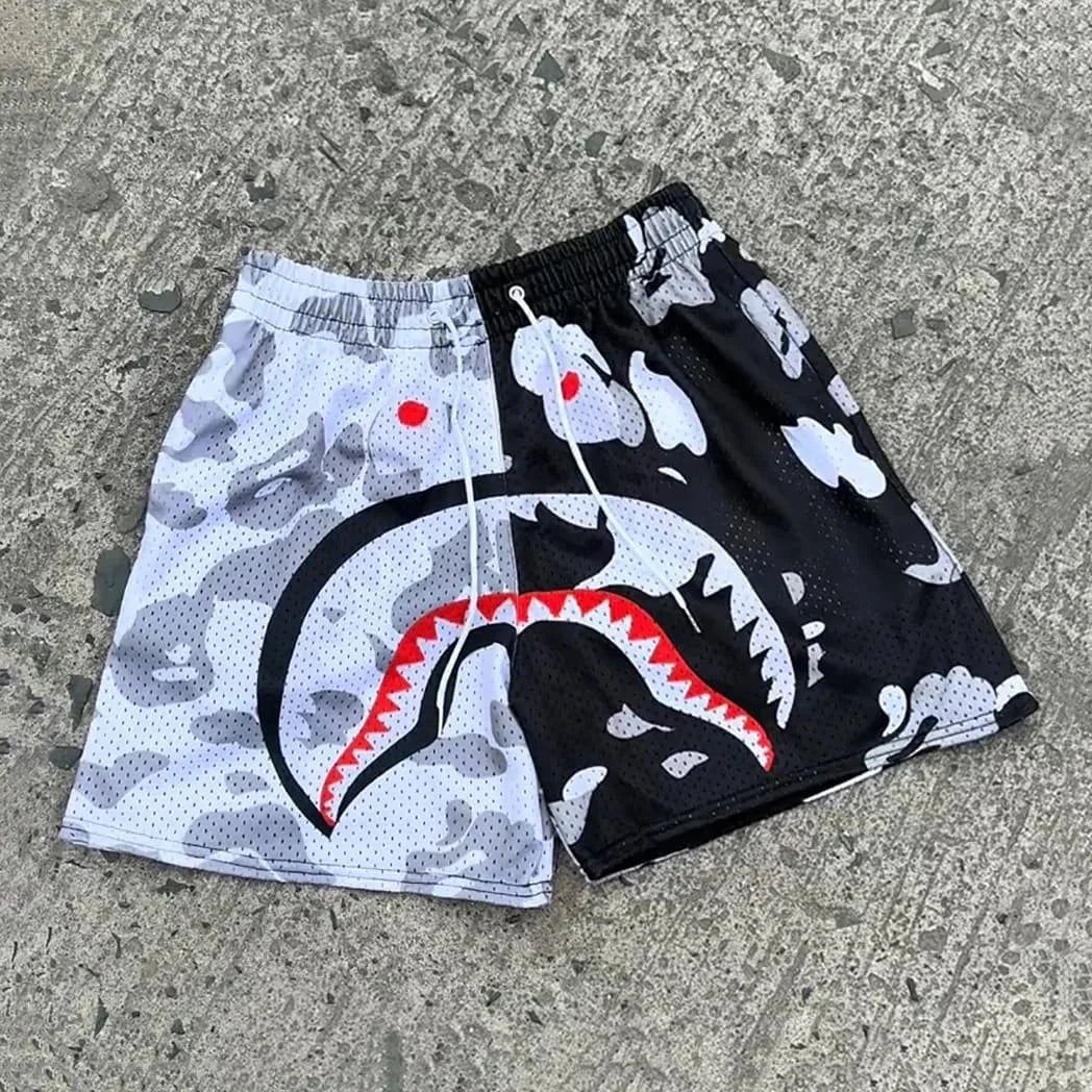 2025 Summer New Men's Quick-Drying Sports Shorts Camouflage Shark Print Mesh Drawstring Shorts Comfortable Casual Y2K Shorts